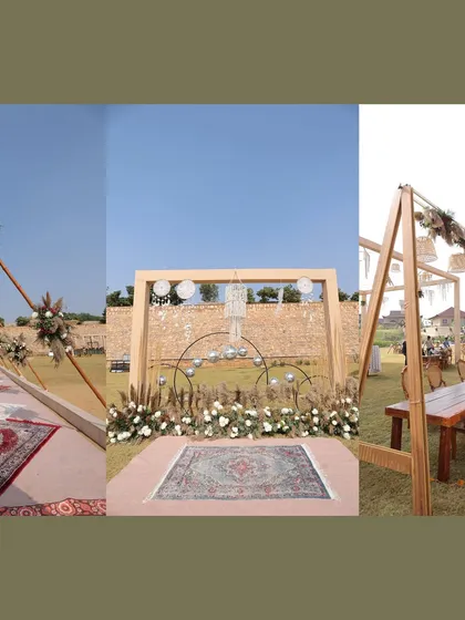 More views of the bohemian Haldi decor, focusing on the use of Persian rugs as aisles and modern-rustic stage backdrops.