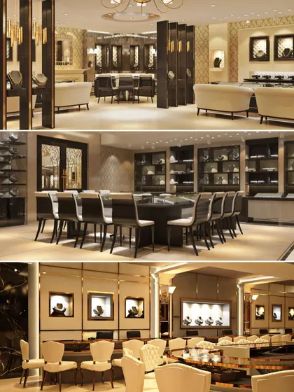 A glimpse into the bespoke retail experience we crafted for Juggal Kishore Jewellers. The design features distinct zones, including private viewing areas and grand display counters, all unified by a palette of cream, gold, and dark wood to create an atmosphere of timeless luxury.