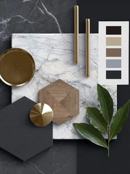 We dive into luxury with this material board, showcasing the perfect harmony of marble elegance, golden accents, and warm wooden tones for a modern, opulent feel.