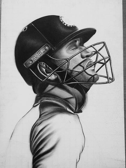 A step-by-step look at my tribute portrait of MS Dhoni. These images show the meticulous work of drawing the helmet, face, and jersey details over 90 hours.