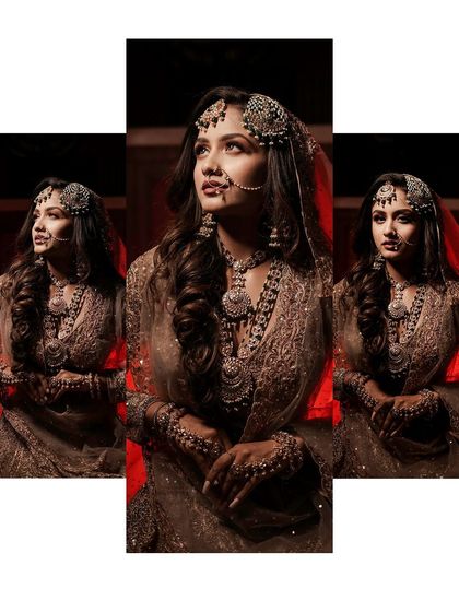 A triptych of a model in a regal bridal outfit, showing different poses and angles.
