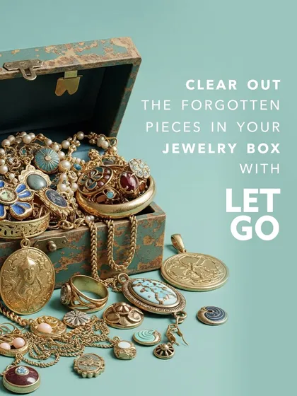 An open, ornate jewelry box overflows with forgotten costume jewelry, including necklaces, pendants, and rings. This visual represents the pieces many of us hold onto, and how our 'Let Go' service provides a mindful way to clear them out and make space for the new.