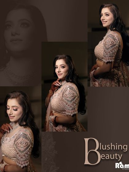 A collage titled "Blushing Beauty," featuring several portraits of the bride that capture her happiness and radiant glow on her engagement day.