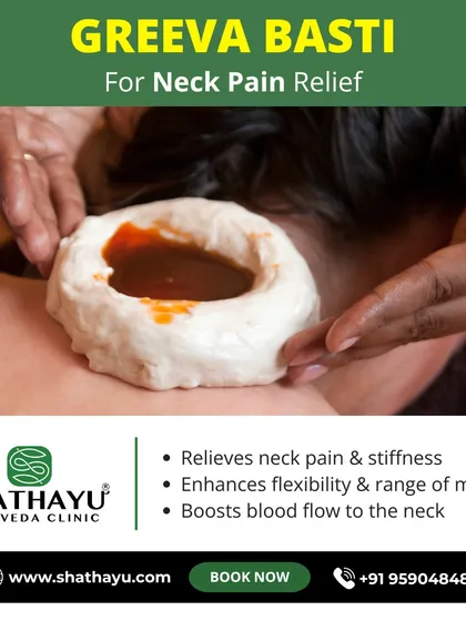 This is Greeva Basti, a specialized treatment for chronic neck pain and stiffness. By pooling warm, medicated oil on the cervical region, I can effectively relieve pain from conditions like cervical spondylosis, reduce stiffness, and enhance the flexibility and range of motion in your neck.