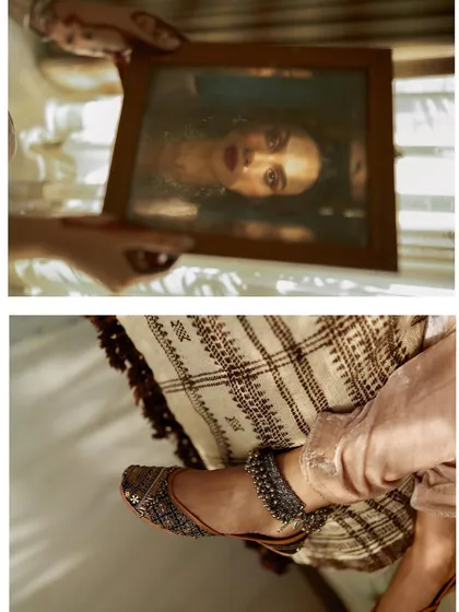 A diptych for AR by Rhea Kapoor, combining a reflection in a mirror with a detail shot of traditional footwear. This pairing tells a more complete story of the overall look.