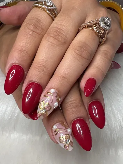 Another view of the glamorous red and gold floral set.