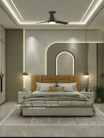 A master bedroom with an earthy color palette of brown and green. The headboard wall features a unique combination of 3D panels and a decorative niche, creating a modern and organic feel.