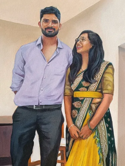 The full view of the couple's portrait, showing their relaxed and happy pose.