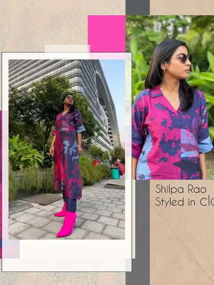 The talented Shilpa Rao in a bold pink and purple ensemble. This look showcases how to style our contemporary pieces with confidence and flair.