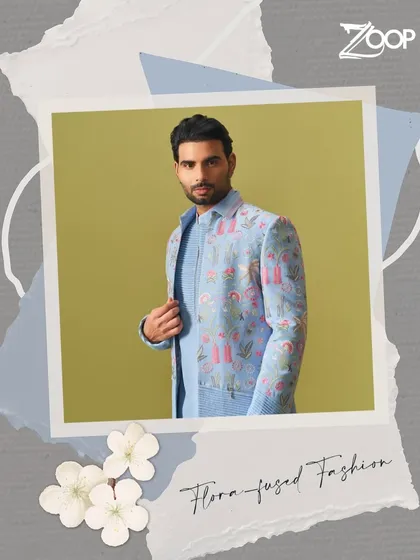 A flora-fused Jodhpuri set from the Vanderphool collection. The pastel blue and delicate floral embroidery make it a charming and sophisticated choice for a daytime event.