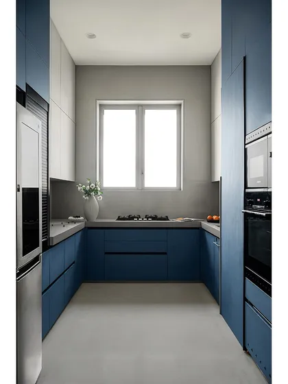 A full view of the galley kitchen, showing the efficient layout and the beautiful color combination. The design maximizes storage and counter space while maintaining a bright and open feel.
