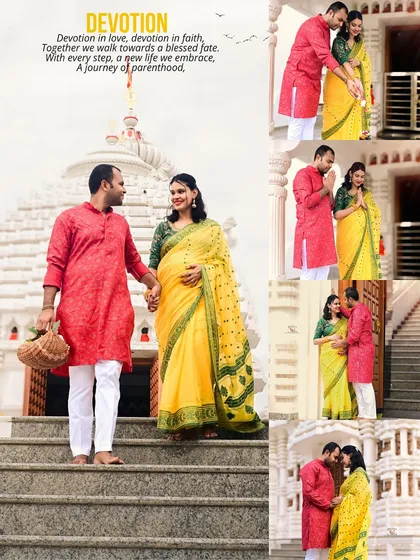 A collage showcasing a maternity session rooted in devotion and tradition. This couple chose to celebrate their journey to parenthood at a temple, dressed in beautiful ethnic wear. It shows how we can blend cultural heritage with maternity photography.