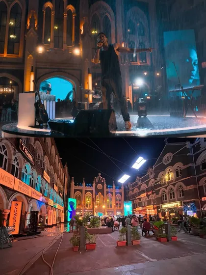 A before-and-after comparison of a street scene from the 'Saiyaara' song 'DHUN'. The bottom image shows the practical set, which we transformed into a vibrant, neon-lit night scene.