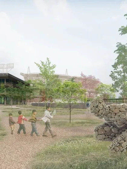 This render shows our vision for a Museum Block designed as a living archive. The stone gabion sculpture in the foreground anchors the landscape, while the building's modular design and central courtyard create a flexible, community focused space that blurs the line between architecture and nature.