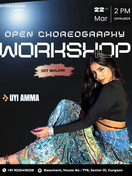 Announcing a free workshop with Jot Bulani on the song 'Uyi Amma'. The poster's aesthetic matches the playful and graceful vibe of the choreography.