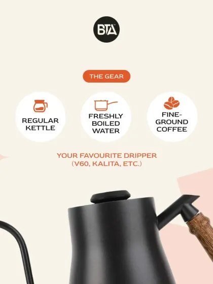This graphic shows the simple gear needed for a Rapid Pour-Over. You don't always need expensive equipment; a regular kettle and your favorite dripper will work.