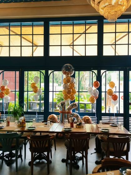 The restaurant table setup for a Sweet 16, showing how my balloon arrangements can transform a dining space.