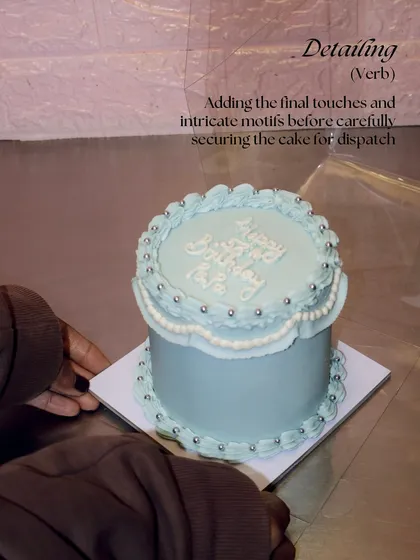 The final step: Detailing. We add the last touches and carefully secure the cake for dispatch, ensuring it arrives looking perfect.