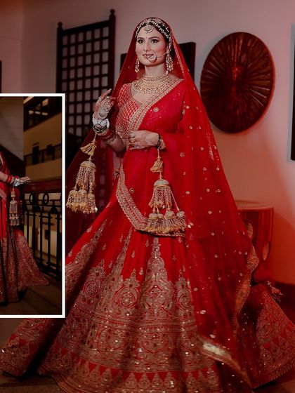 Another beautiful bridal portrait in a classic red lehenga. The focus here is on the traditional kalire and the graceful way the bride carries herself.