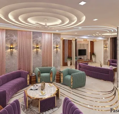 This 3D visualization highlights a living room where the ceiling design is a key feature. The combination of recessed lighting, curved forms, and textured wall panels creates a rich and opulent atmosphere.