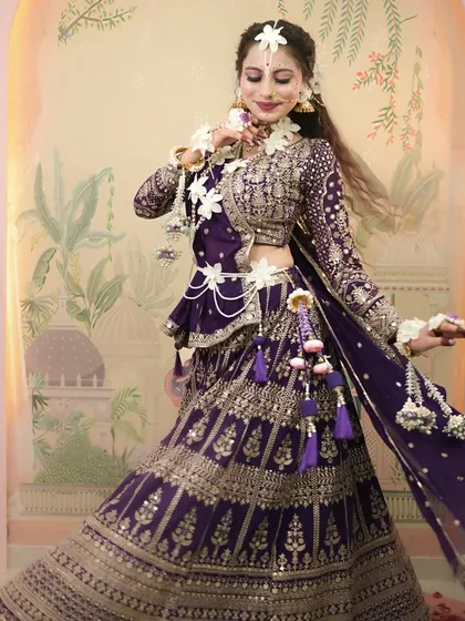 A full-length shot of the Radha-inspired outfit, showing the twirl of the lehenga. The entire look is carefully styled from head to toe.