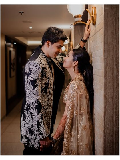 A sweet, romantic moment between the couple during their Sangeet night. We look for these quiet instances of connection even during a high-energy party.