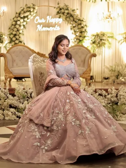 Your engagement or reception look deserves its own moment to shine. For this beautiful bride, we created a soft, romantic look with a pastel lehenga that was perfect for her happy occasion. I can create distinct styles for all your wedding events.