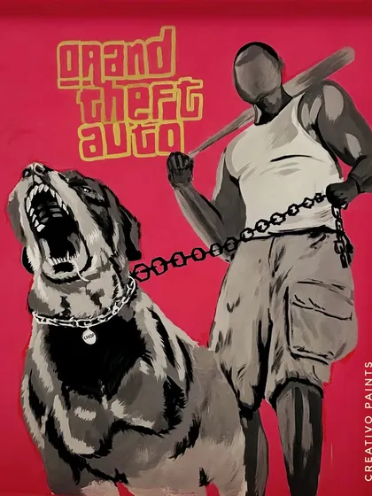 A detailed shot of the Grand Theft Auto inspired section of a custom mural. I focus on capturing the distinct art style of each game to create an authentic tribute.