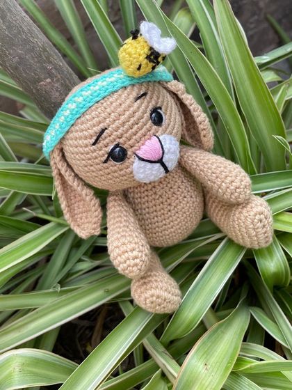 Oliver the Bunny looking relaxed and happy. I made him as part of a woodland-themed crochet-along.
