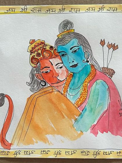A tender moment between Lord Ram and his devotee Hanuman, captured in watercolor. This piece reflects the deep bond of love and loyalty central to Hindu mythology.