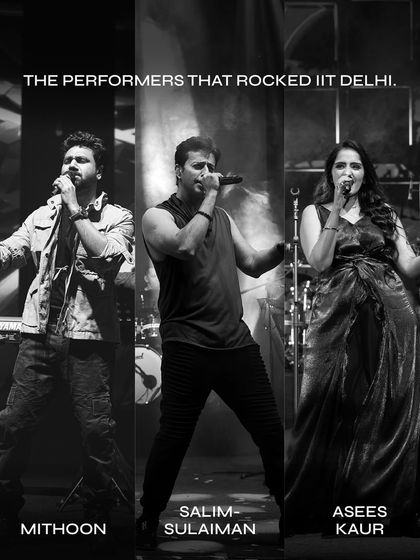 A graphic highlighting the performers that rocked IIT Delhi's Rendezvous: Mithoon, Salim-Sulaiman, and Asees Kaur.