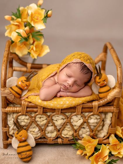 A whole hive of cuteness! This bee-themed setup with bright yellow flowers is a sweet and unique way to capture your newborn.