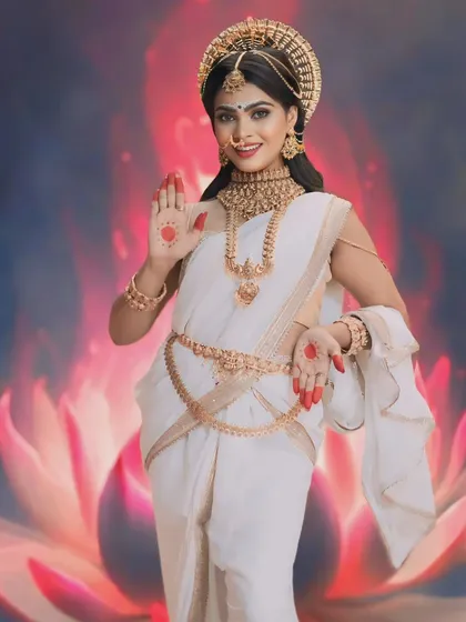 The full Devi look, complete with a traditional white and gold saree, showcasing the grandeur of the rental jewellery set.
