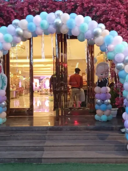 A beautiful pastel balloon arch at the entrance of a venue, featuring Boss Baby and Frozen characters. The mix of soft colors creates an inviting and magical entryway.