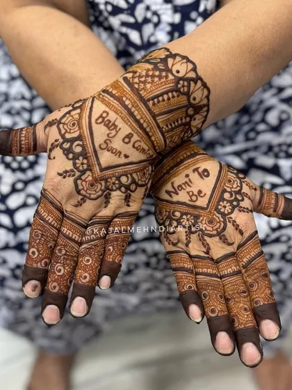 So much joy in this henna for a 'Nani to be'. This design celebrates the upcoming arrival of a new baby with sweet messages and heart-filled patterns.