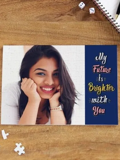 This personalized puzzle combines a photo with a custom message. Here, a portrait is paired with the text "My Future is Brighter with You," making it a romantic and engaging gift.