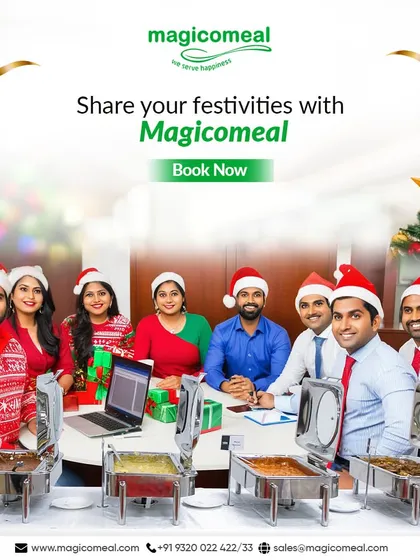 Share your Christmas festivities with me. This image shows a team enjoying a holiday meal together, highlighting my specially curated menu that adds a flavorful twist to your joyous occasions.