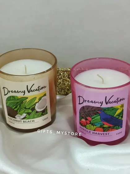 Scented candles are a wonderful addition to any gift hamper, especially for a wedding. These 'Dreamy Vacation' candles in Coconut Beach and Jungle Harvest scents add a touch of relaxation and luxury.