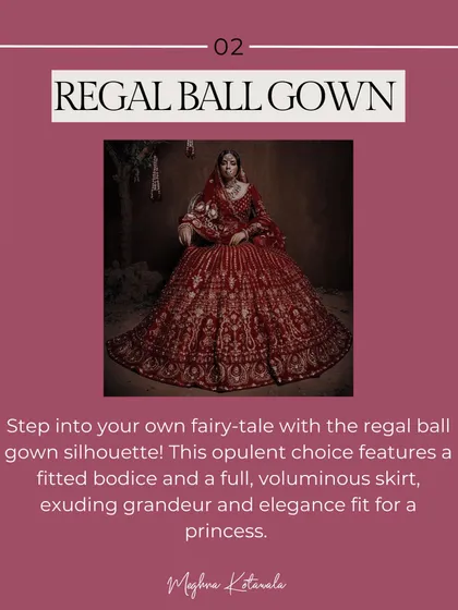 The regal ball gown silhouette is for the bride who wants a fairytale moment. With a fitted bodice and a full, voluminous skirt, this style exudes grandeur and elegance.