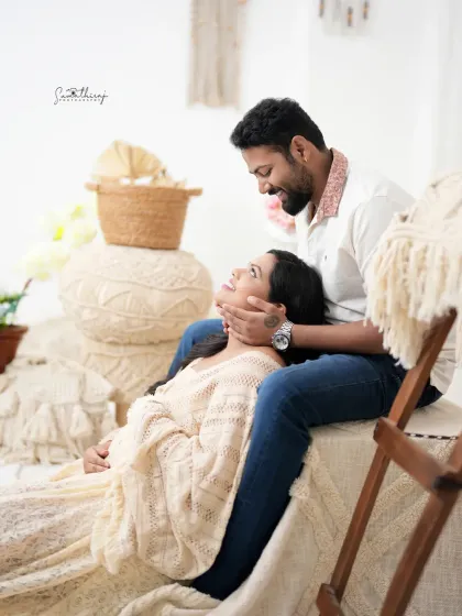 An intimate couple's portrait from our boho session. The husband's loving gaze and the wife's serene smile create a beautiful and authentic moment of connection.