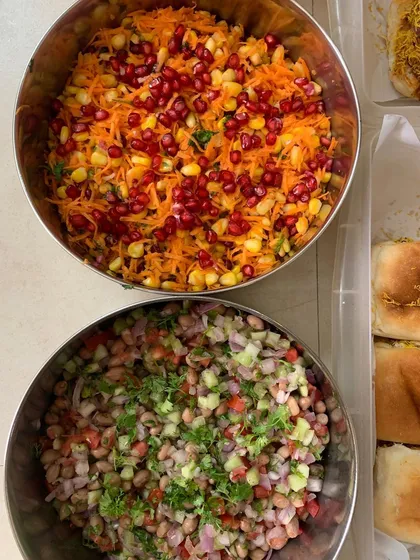Fresh and colorful salads like Corn Carrot Kosambari and Peanut Kachumber.