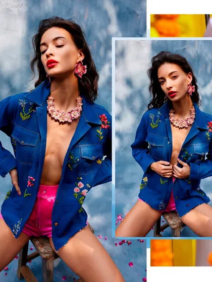 An edgier look from the 'UTOPIA' campaign, styling an embroidered denim jacket with bright pink shorts. This shows how high-fashion accessories can be styled in a cool, contemporary way.