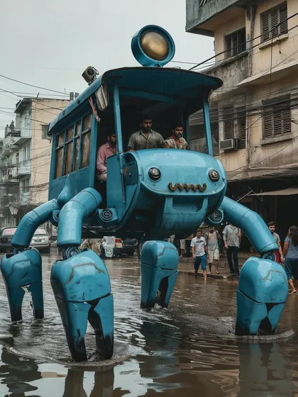 A blue 'Kekdacab' wades through a flooded street. This version shows its amphibious capabilities, making it an all-weather solution for the city.