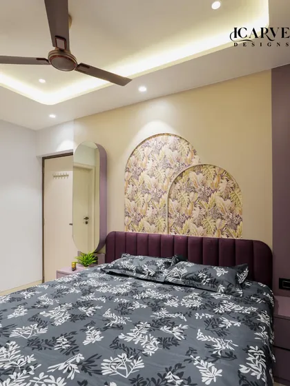 A full view of the purple-themed bedroom, showing the door and overall layout.