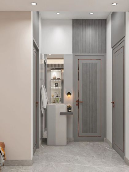 A view of the hallway, showing a compact wash basin and storage unit. This practical addition is seamlessly integrated into the design, ensuring functionality without compromising on style.