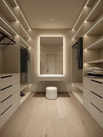 This minimalist walk-in closet is a perfect example of serene sophistication. With clean lines, handleless drawers, and integrated LED lighting, it’s a calm and organized space designed to make getting ready a peaceful ritual.