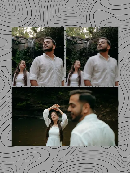 A collage from a nature shoot, capturing the couple enjoying the serene environment. The graphic overlay adds a modern, artistic touch to the final image.