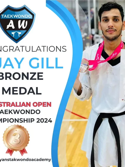 Our reach is global. Here's our champion Ajay Gill with a Bronze medal at the Australian Open Taekwondo Championship. We compete and win internationally.