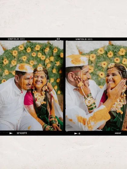 The playful and vibrant spirit of a Maharashtrian Haldi ceremony. This diptych captures the genuine smiles and laughter, showcasing my focus on documenting the real, unscripted joy of your pre-wedding rituals.