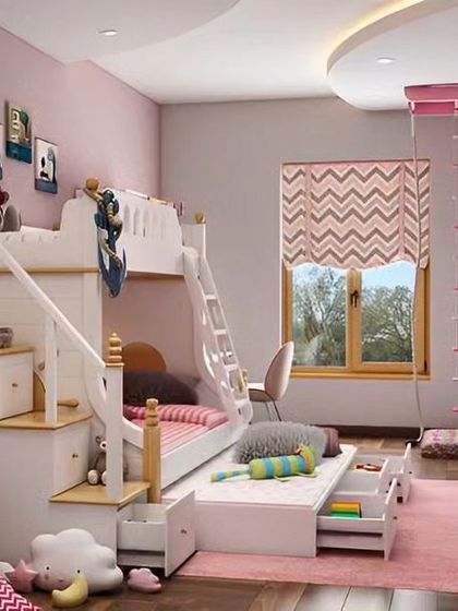 A beautiful bunk bed design for a girl's room, featuring stairs with built-in handrails and pull-out storage drawers under the bottom bed. The soft pink and white color scheme creates a charming atmosphere.